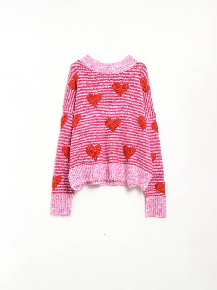 FUCHSIA pink striped Sweater with hearts in red color for wholesale on Faire5