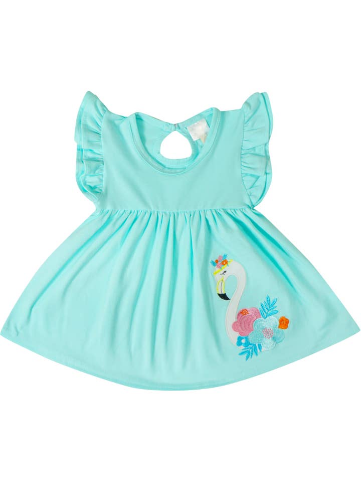 Angeline Kids - Wholesale Top & Leggings Set - Kids - Baby Toddler Little Girls Summer Flamingo Tunic Top Capri Leggings Set with free Headband - Aqua Coral1