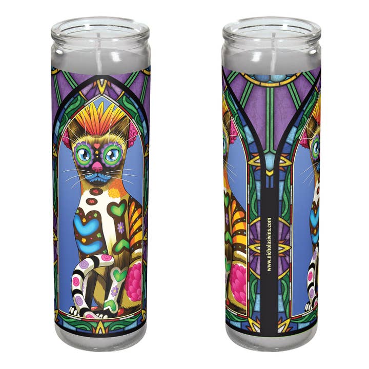 Day of the Dead Siamese Cat Candle - “Ofelia” for wholesale by Nicholas Ivins Art & Illustration