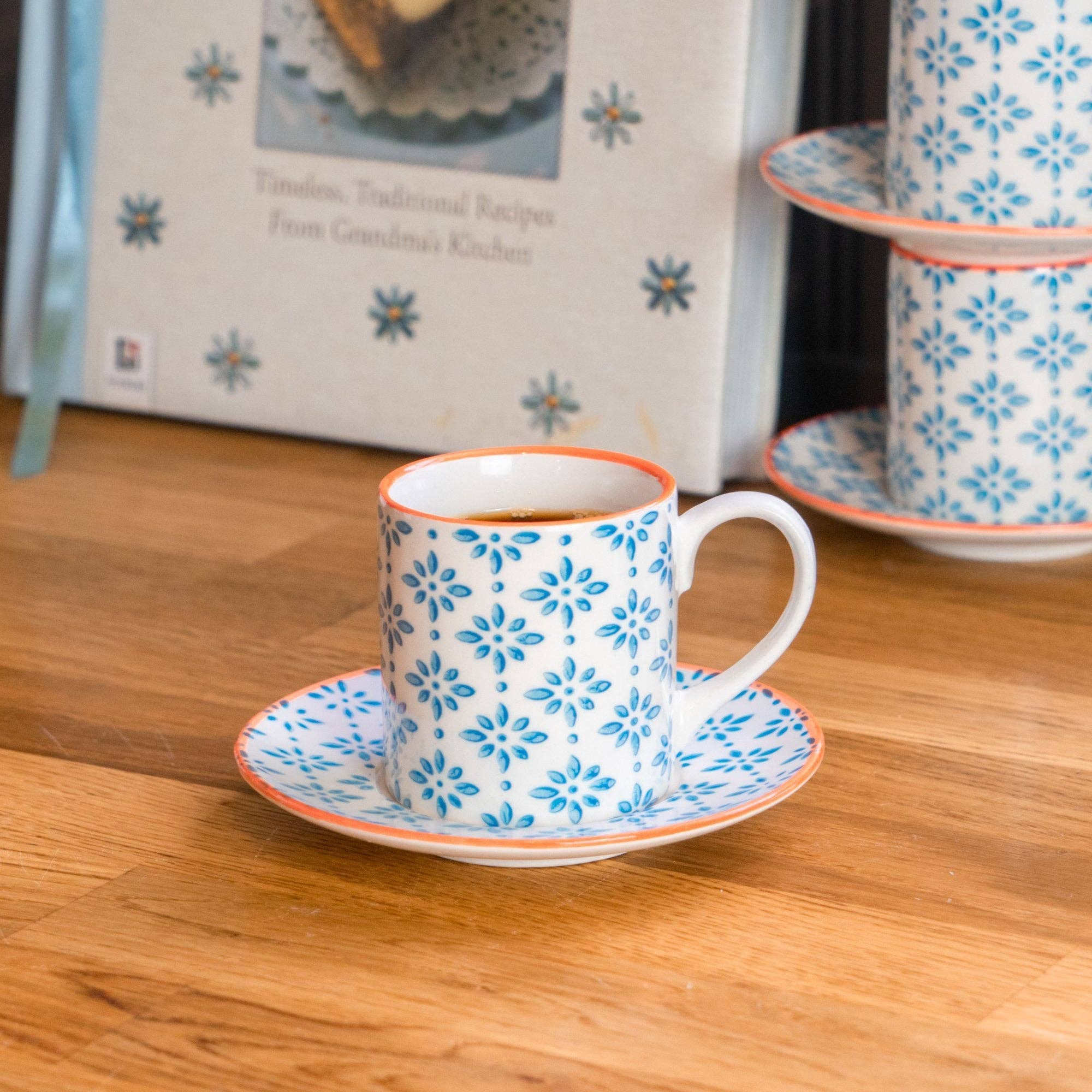 Rinkit Ltd - Wholesale Coffee/Tea Cup - Nicola Spring Patterned Espresso Cup  Saucer Set Blue Orange1
