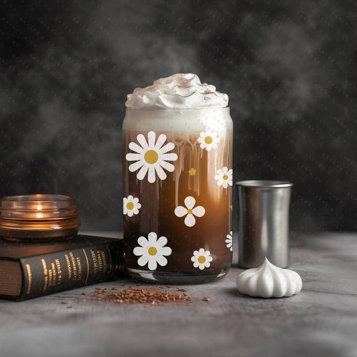 Sayers & Co. – wholesale Drinking glass/cup – 16oz Spring Flowers Glass Cup with Bamboo Lid & Straw #1001291