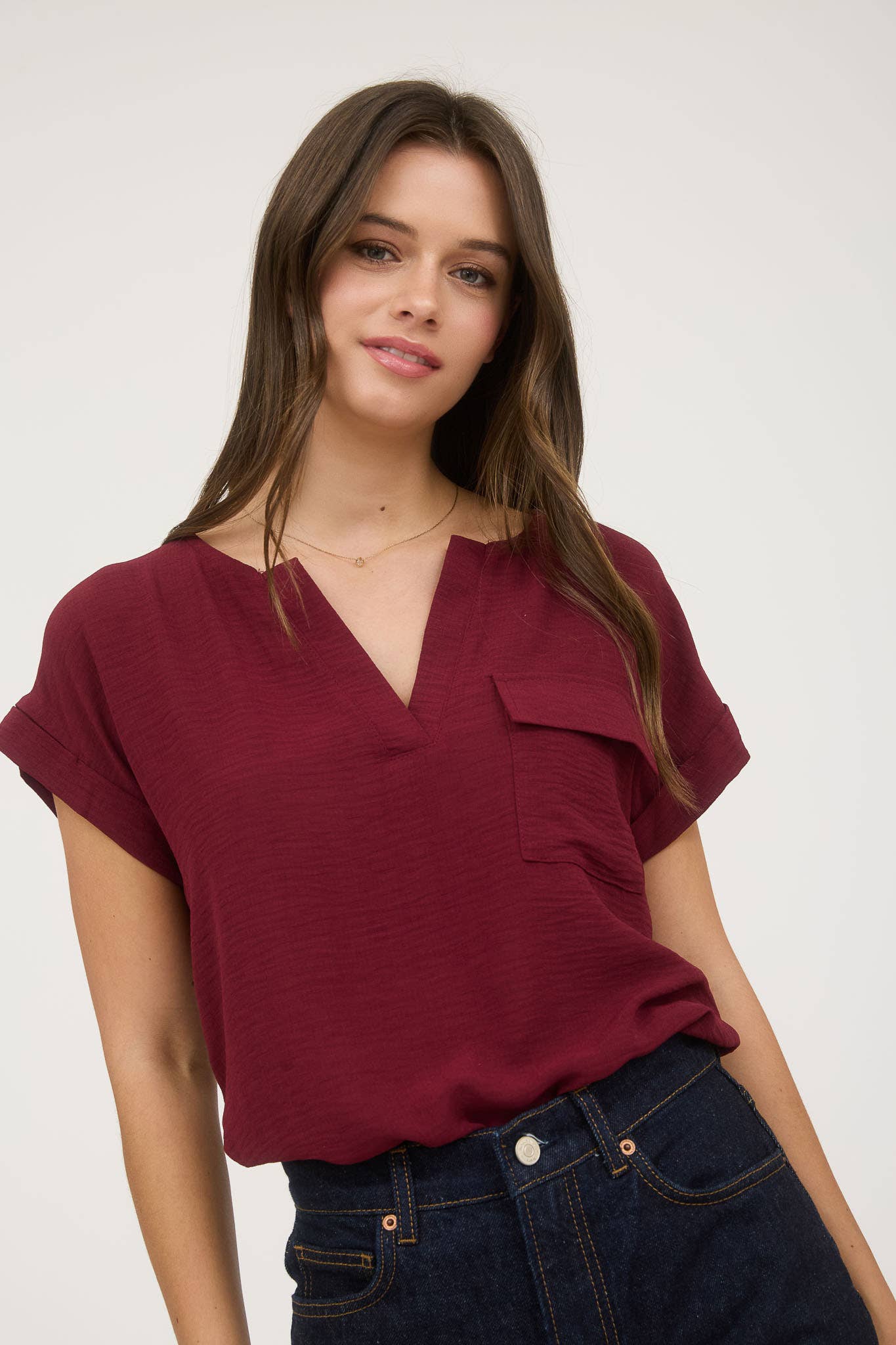 Blu Pepper - Wholesale Blouse - Women's - SPLIT NECK BACK BUTTON SHORT FOLD SLEEVE BLOUSE9