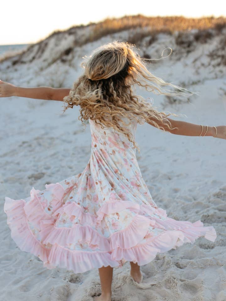 Girls Blush Floral Flutter Sleeve Ruffles Spring Dress for wholesale by Oopsie Daisy