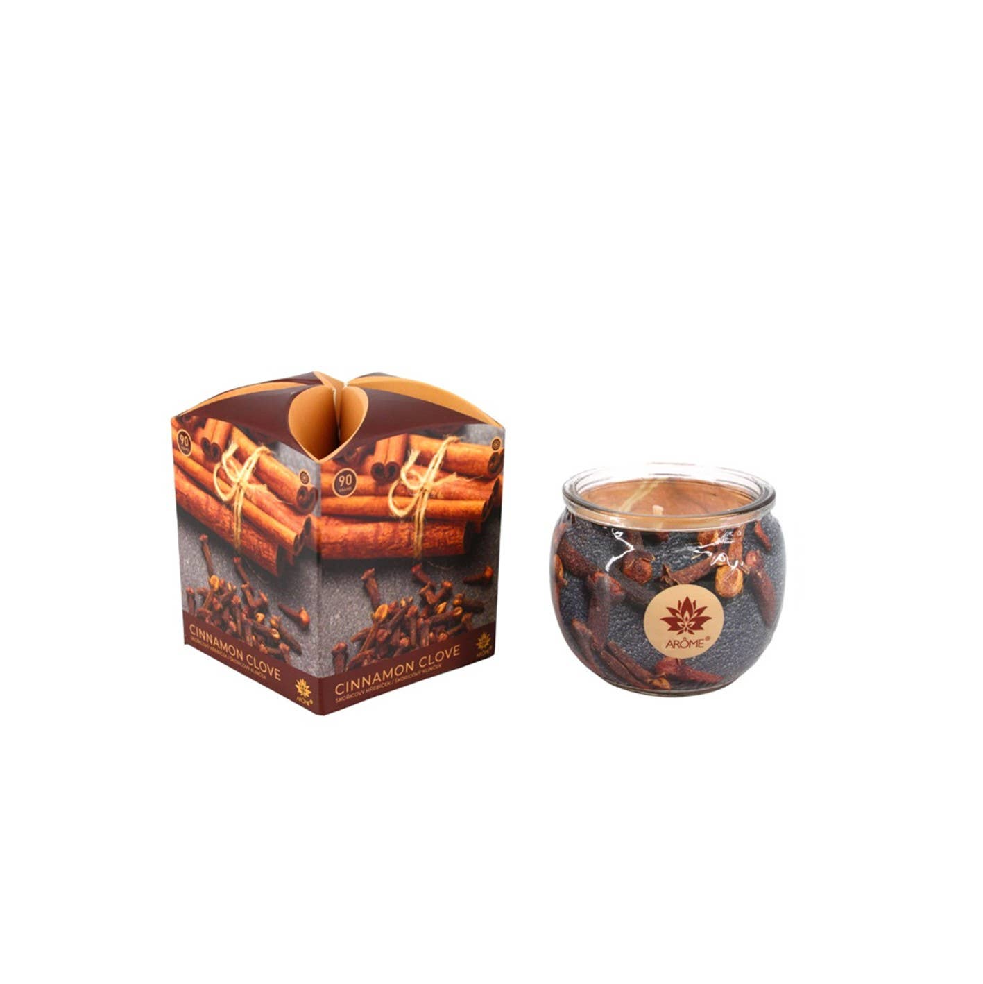 SferaNatura by INCI SRL – Vela em jarro/copo por atacado – Vela em vidro ARÔME canela e cravo 90 g com caixa