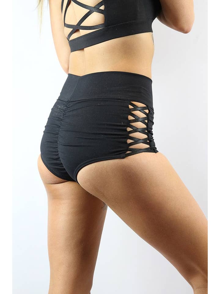 Rarr Designs - Wholesale Athletic Shorts - Women's - Matte Black Criss Cross Mid Waist Booty Shorts | Pole Wear