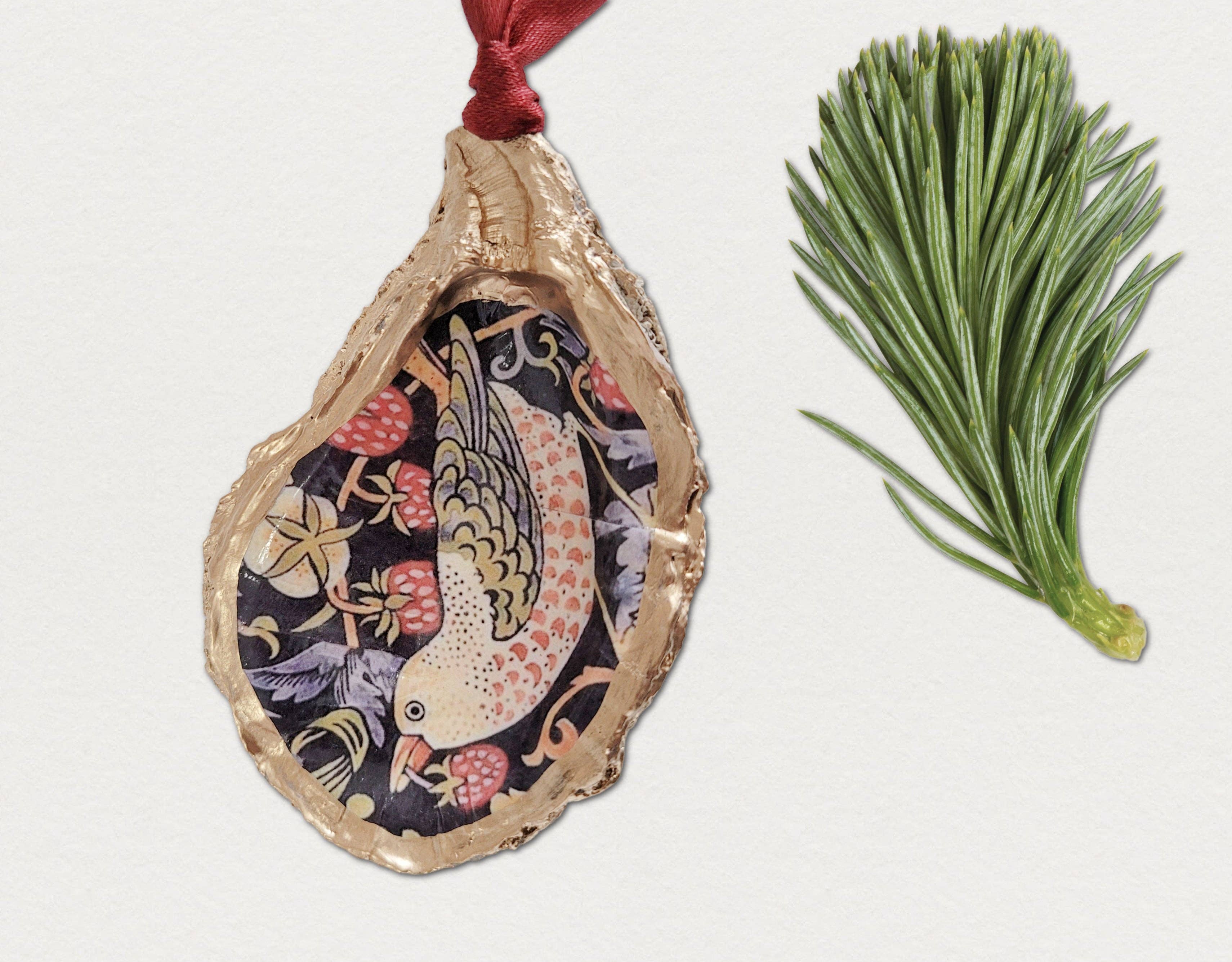 Beatrixbell Handcrafted - Wholesale Ornament - William Morris Strawberry Thief • Oyster Shell Ornament3