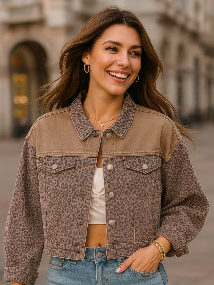 745 Khaki Leopard Print Cropped Denim Jacket for wholesale by LTX Sportswear
