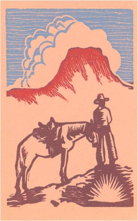 Found Image Press – wholesale Art print – Art Print CB-91 Woodcut of Cowboy with Horse and Mesa0