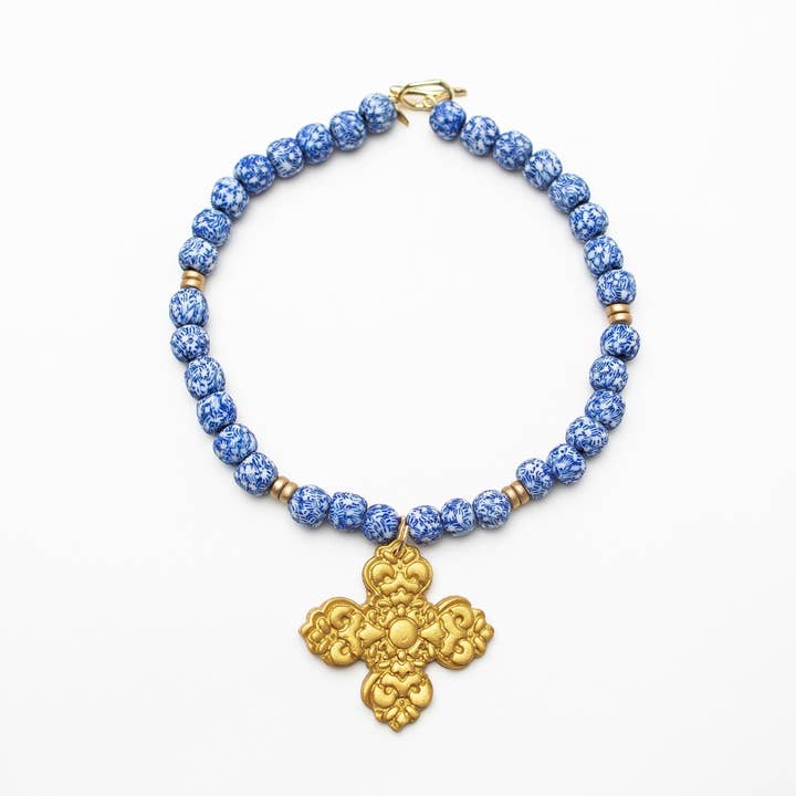 Blue and White Glass with Andrea Cross for wholesale by Hidden Truth Jewelry