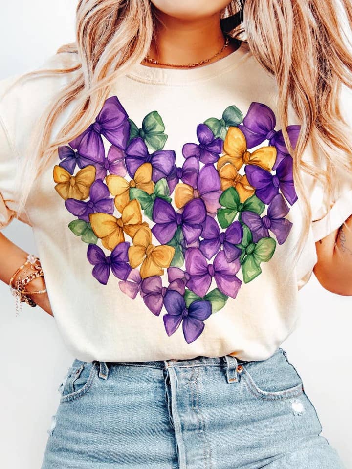 Mardi gras bow heart tee & sweatshirt for wholesale by Gunpowder and lace wholesale
