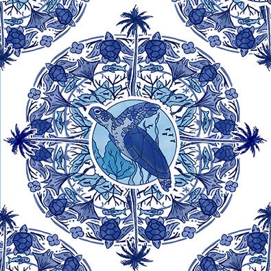 Delft Blue Turtle Blå og Hvid Fin kystkunst lærredstryk for engroshandel hos William DePaula Fine Art