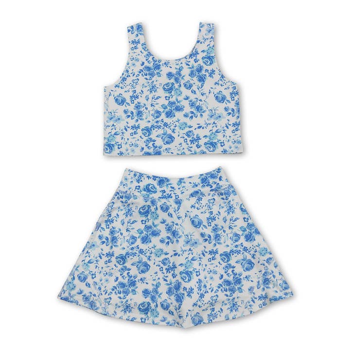 Sleeveless blue flower top skirt girls summer clothes for wholesale by Yawoo Garments