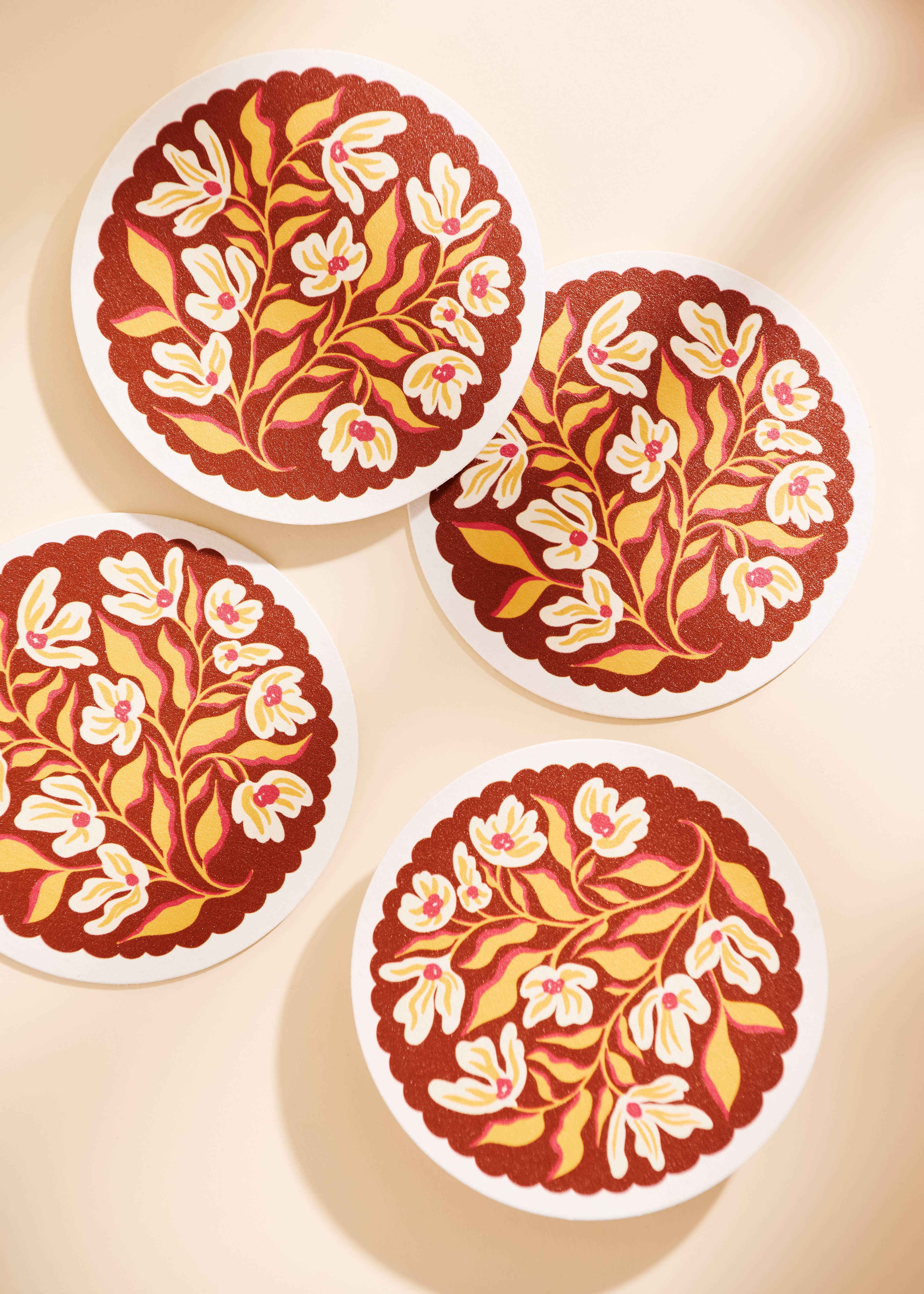 One & Only Paper – wholesale Coasters – Pumpkin Spice Floral Scalloped Coasters | Set of Four5