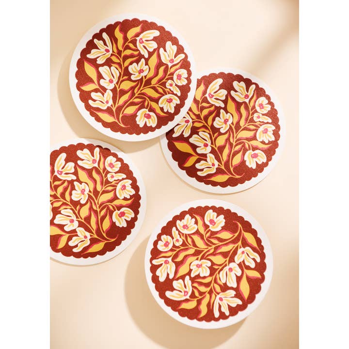 One & Only Paper - Wholesale Coasters - Pumpkin Spice Floral Scalloped Coasters | Set of Four5
