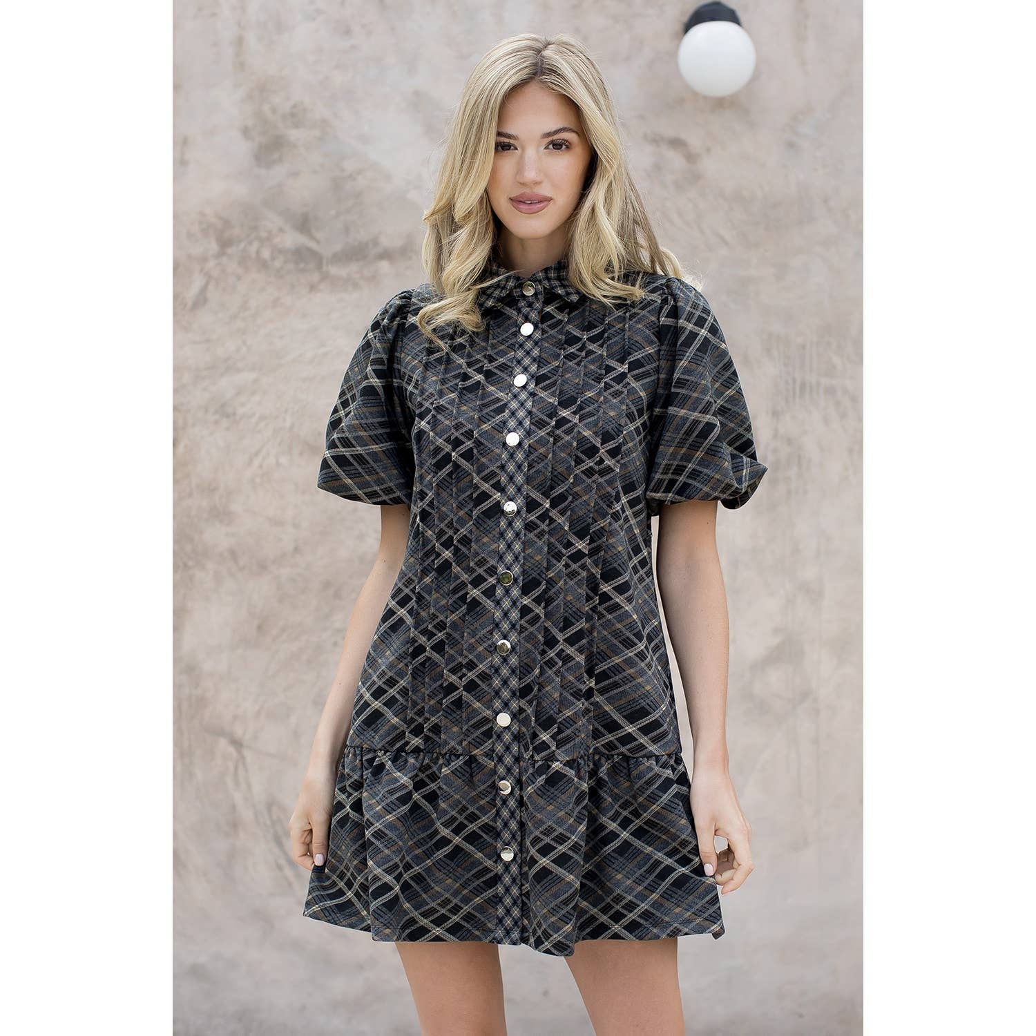 BLACK Puff Sleeve Plaid Suede Dress for wholesale on Faire3