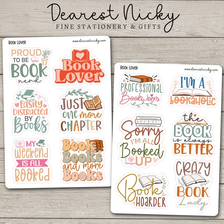Book Lover Stickers - 2 Sheets for wholesale by Dearest Nicky / Mouse & Wren