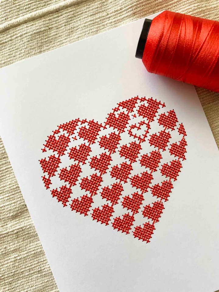 Carte de voeux de Saint-Valentin avec cœur rouge brodé 5 « x 7" pour la vente par M&N Mercantile