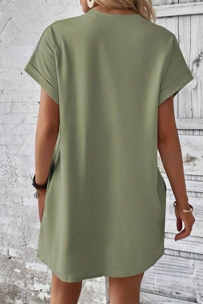 UNISHE - Wholesale Dress - Women's - Plain Fold Cuff Pockets Round Neck T-Shirt Dress ZK133315