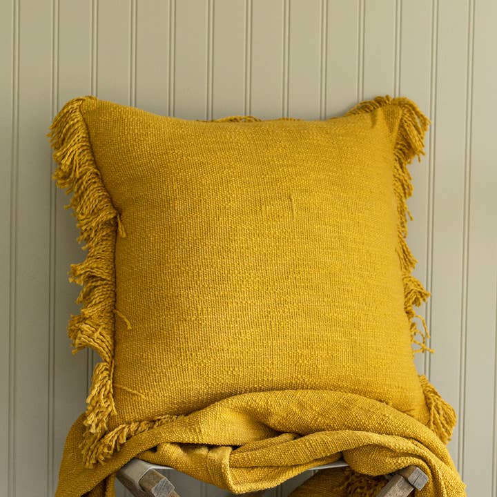 Mattie 18x18 Hand Woven Fringed Filled Throw Pillow Mustard for wholesale by Foreside Home & Garden