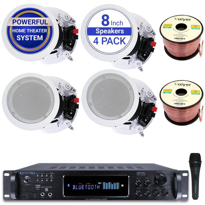 2500W Bluetooth Amplifier, 4 Ceiling Speakers 8", Mic, Wire for wholesale by Technical Pro
