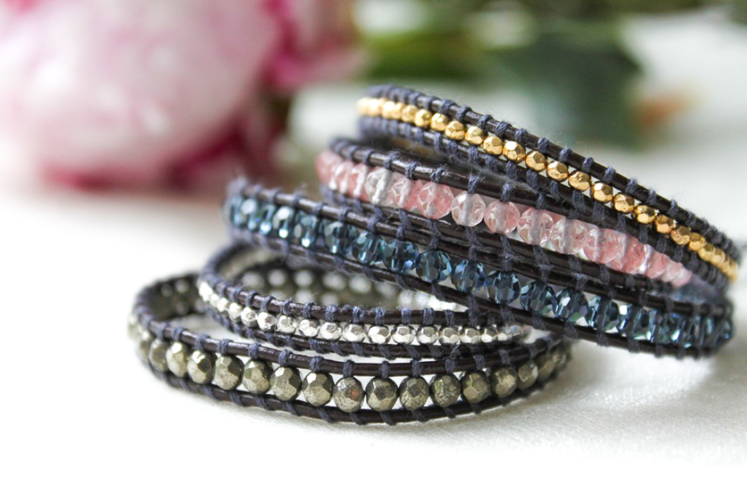 LIZOU – wholesale Beaded bracelet – Osaka - Smoky Pyrite and Pink Mix Leather Wrap Bracelet1