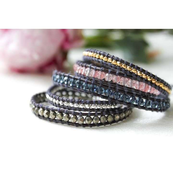 LIZOU – wholesale Beaded bracelet – Osaka - Smoky Pyrite and Pink Mix Leather Wrap Bracelet1