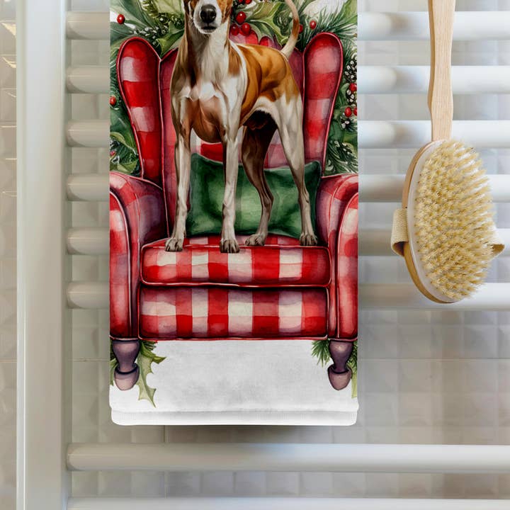 3dRose - Wholesale Bath Towel - 3dRose, Sweet Whippet Dog is Ready for the Holiday Season in a Santa Hat, Towel1