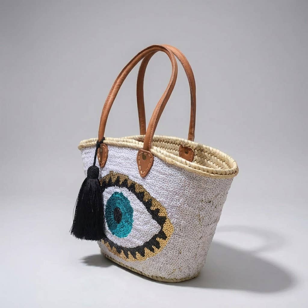 Melecraft - Vente Sac de plage - Sac fourre-tout en paille à sequins œil maléfique - Noir bohème plage2