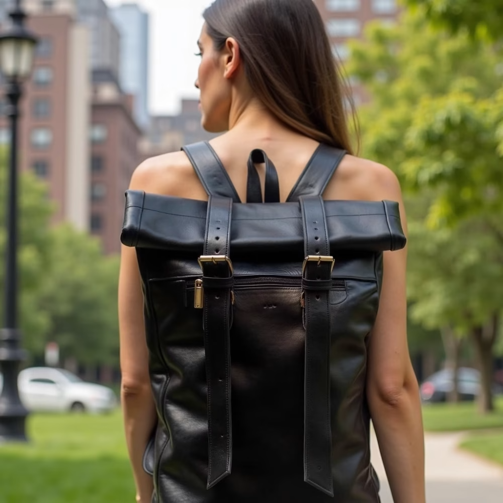 High crafty – wholesale Backpack – Unisex – Urban Black Leather Backpack – Handcrafted Rolltop Design5
