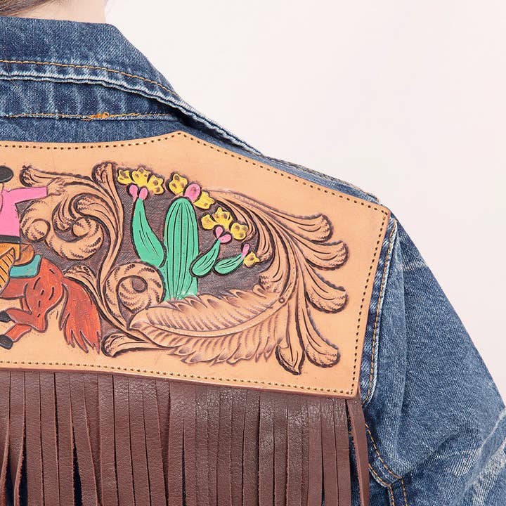 LS Western - Wholesale Denim Jacket - Women's - LC-ADJKT017 Denim Jacket with Tooled Cowgirl Scene & Leather Fringe5