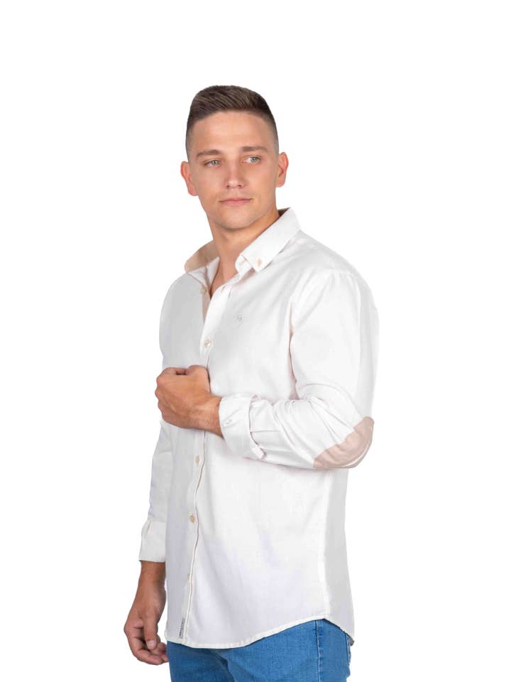 607 Basic cotton shirt with elbow detail beige for wholesale by Yellow Skin