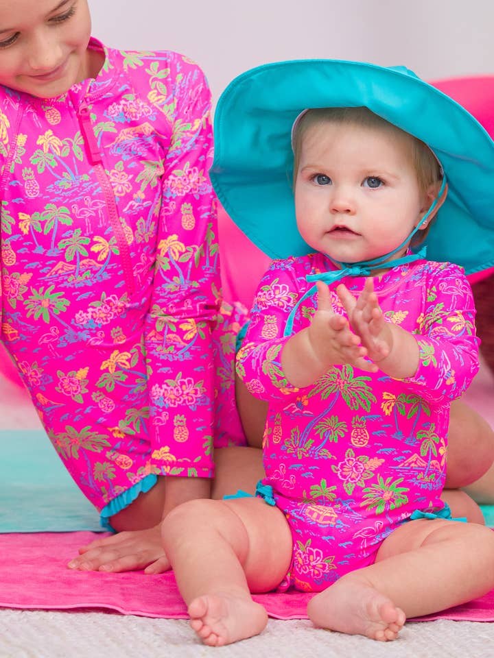 Pink Baby Girls Neon Island Time Long Sleeve One Piece Rash Guard Swimsuit with Signature Rear Ruffles
for wholesale on Faire