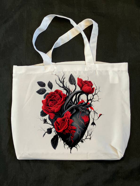 Black Anatomical Heart & Thorns Tote Bag for wholesale by thegloomycottage