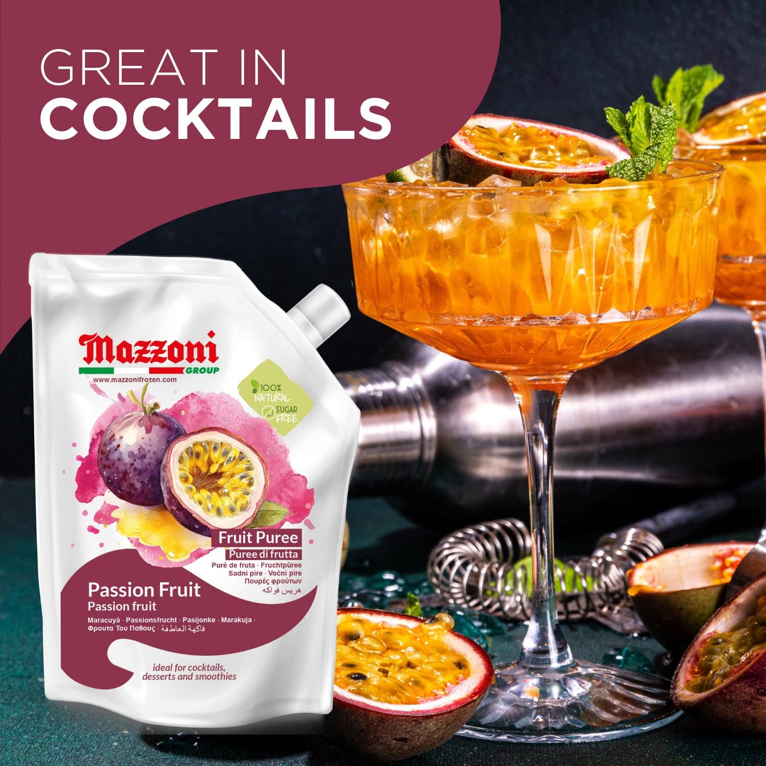 Wholesale Italian Food - Wholesale Cocktail Mix/Syrup - Mazzoni, Passion Fruit Puree, 100% Pure Maracuya, Just Fruit, No Sugar Added, 2.2 lb5
