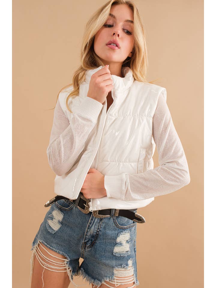 Blue B - Wholesale Outerwear Vest - Women's - 22656J - Gloss Shiny PU Quilted Puffer Zip Up Crop Vest4