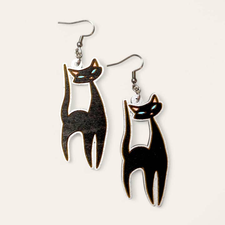 Moon Child Trinkets - Wholesale Dangle Earrings - Retro Atomic Cat Hand Painted Wood Dangle Earrings0