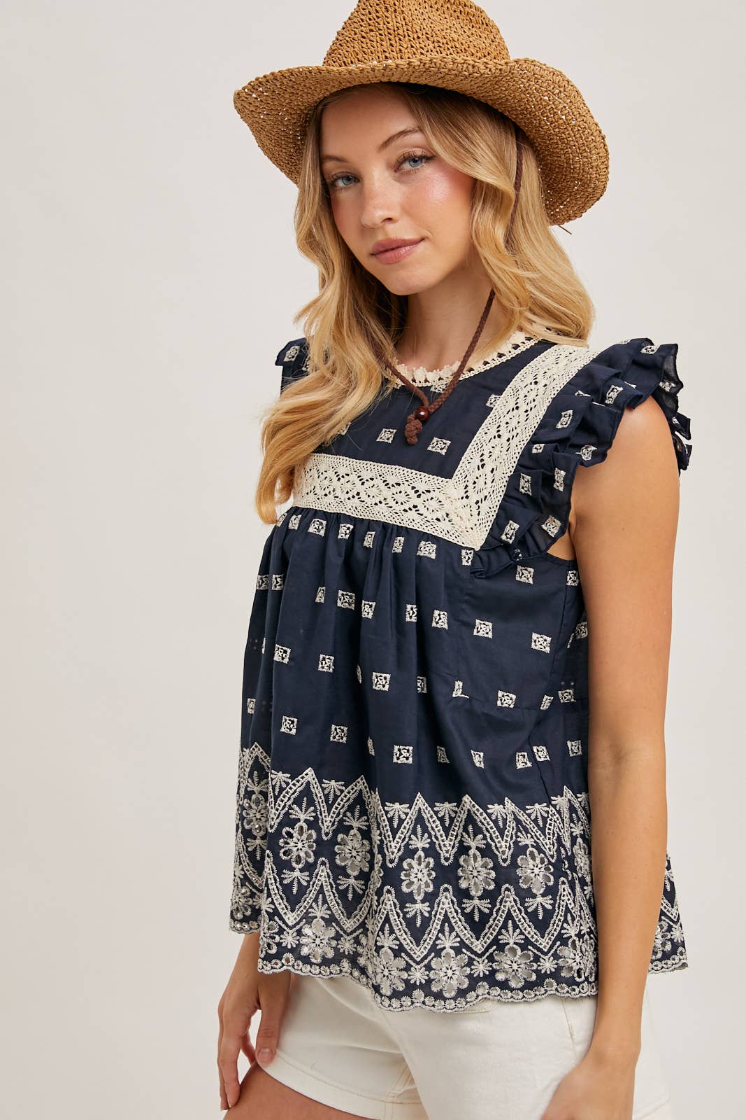 NAVY BOHO FLORAL EMBROIDERED BLOUSE TOP for wholesale on Faire2