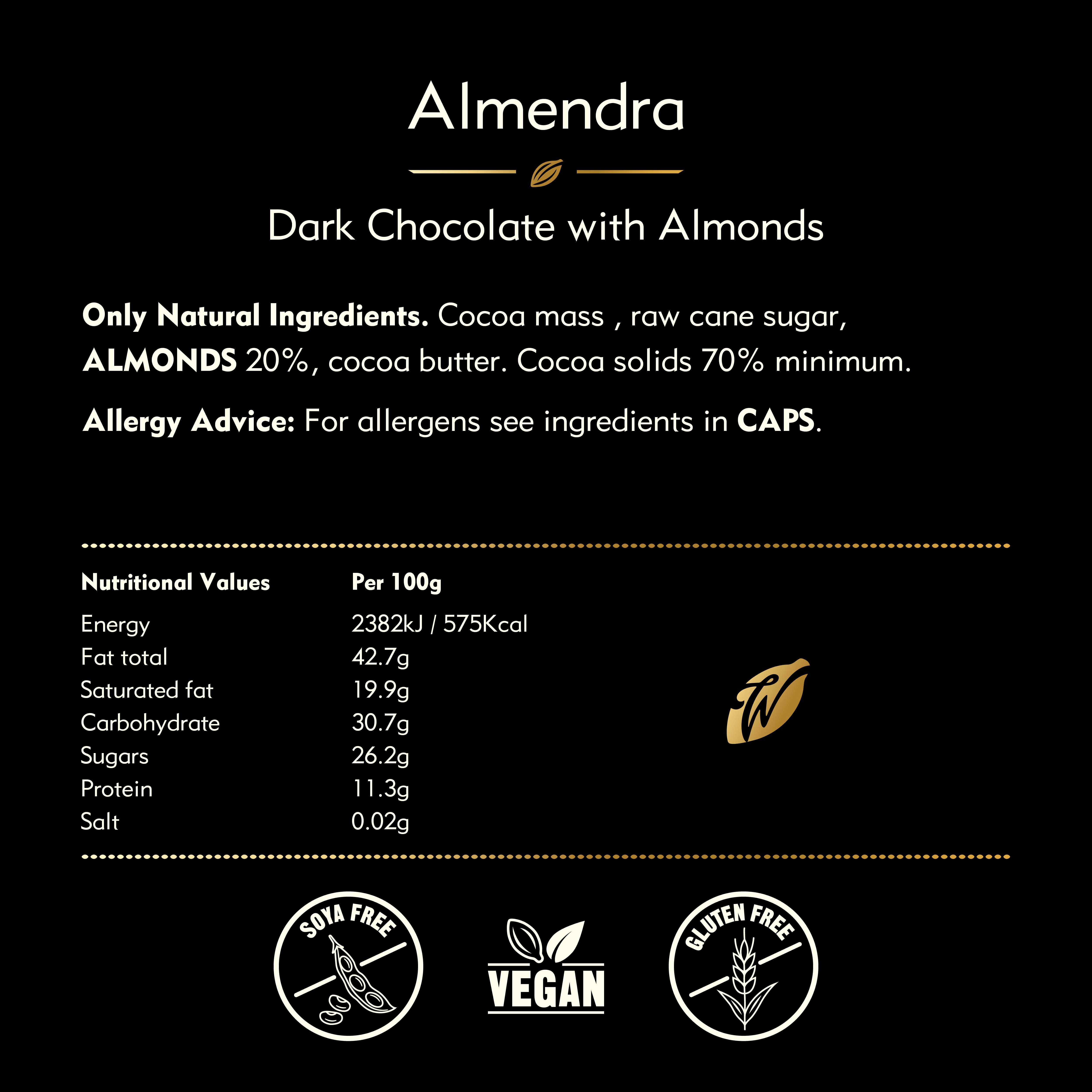 Willie's Cacao - Wholesale Chocolate bar - Almendra. Dark chocolate with almonds. Vegan. 50g bar4