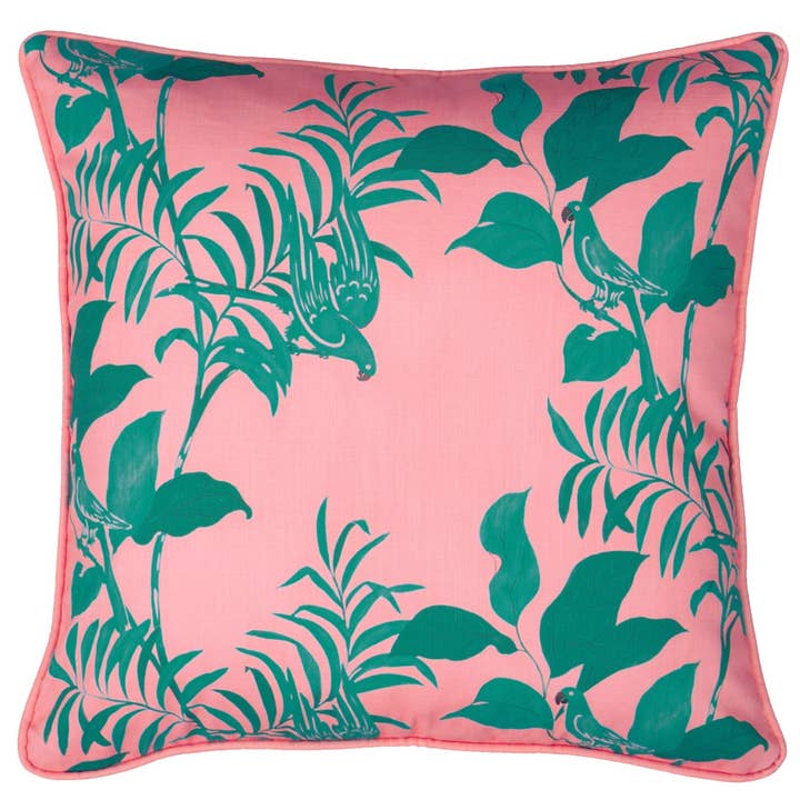 Paule Marrot Parrots Pillow in Pink and Green for wholesale by Post House