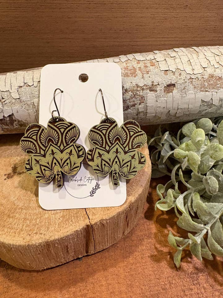 Shamrock Mandala Drop Earrings, laser engraved, handpainted, wood earrings, nickel free for wholesale by Creekside Cottage Designs