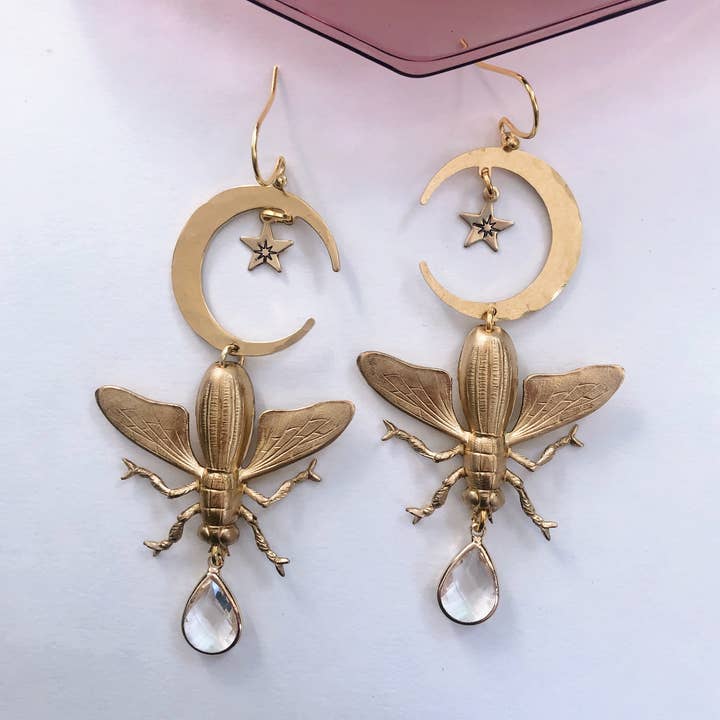 Magical Moth Earrings ~ Brass & Quartz Crystal for wholesale by GeoMetricGem