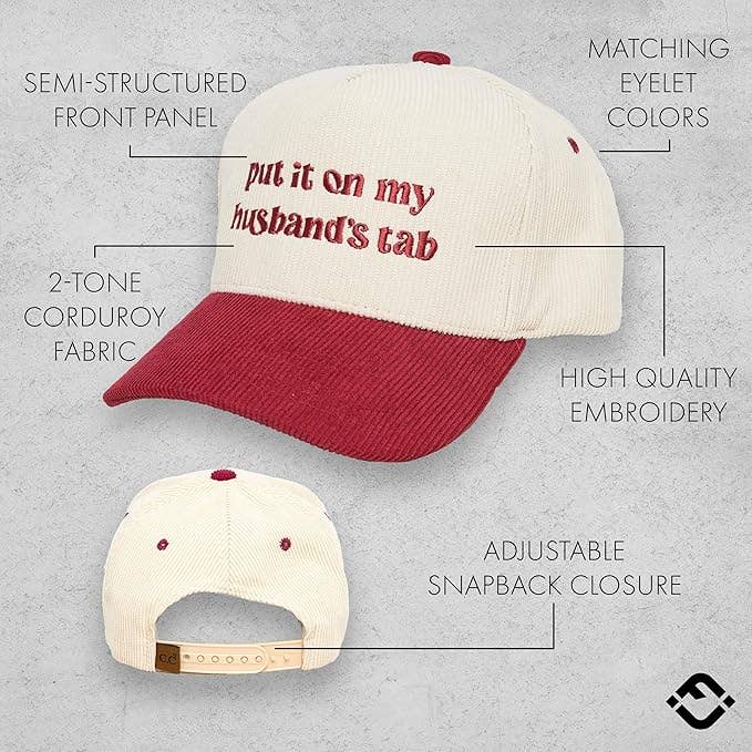 Funky Junque - Wholesale Baseball Cap - Unisex - Two Tone Corduroy Hat: Put It on My Husbands Tab - Red/Beige1