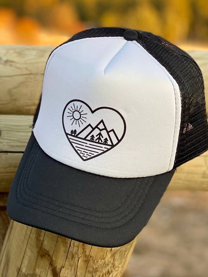 Kid MTN Love Trucker Hat: White/Black for wholesale by Made of Mountains