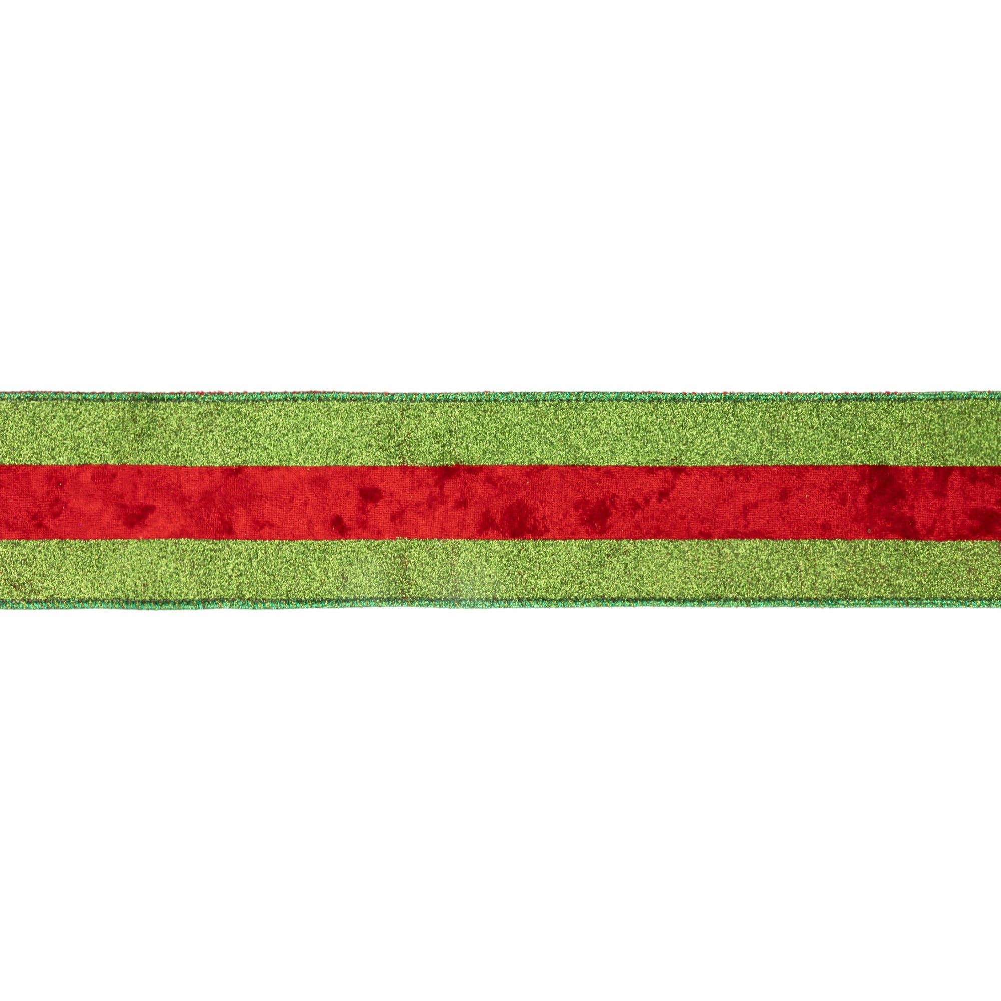 LA Ribbons Wholesale - Venta al por mayor Cintas - Envoltorio de regalos - Cinta con Alambre de 2 1/2" | Purpurina Verde con Raya de Terciopelo Rojo | Rollo de 10 Yardas4