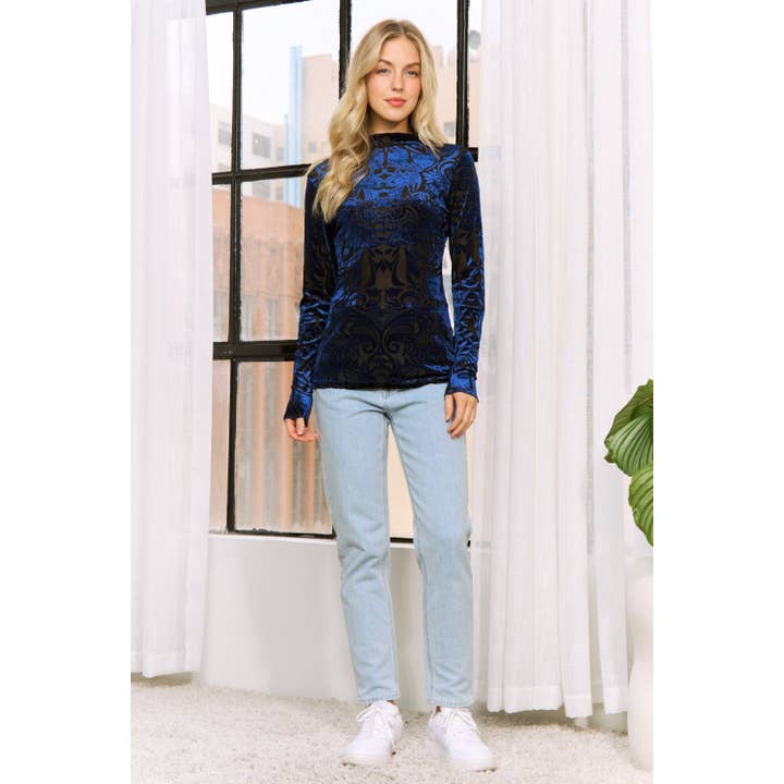 Sweet Generis - Wholesale Knit Top - Women's - VELVET BURN OUT SLIM FIT HIGH NECKLINE TOP22