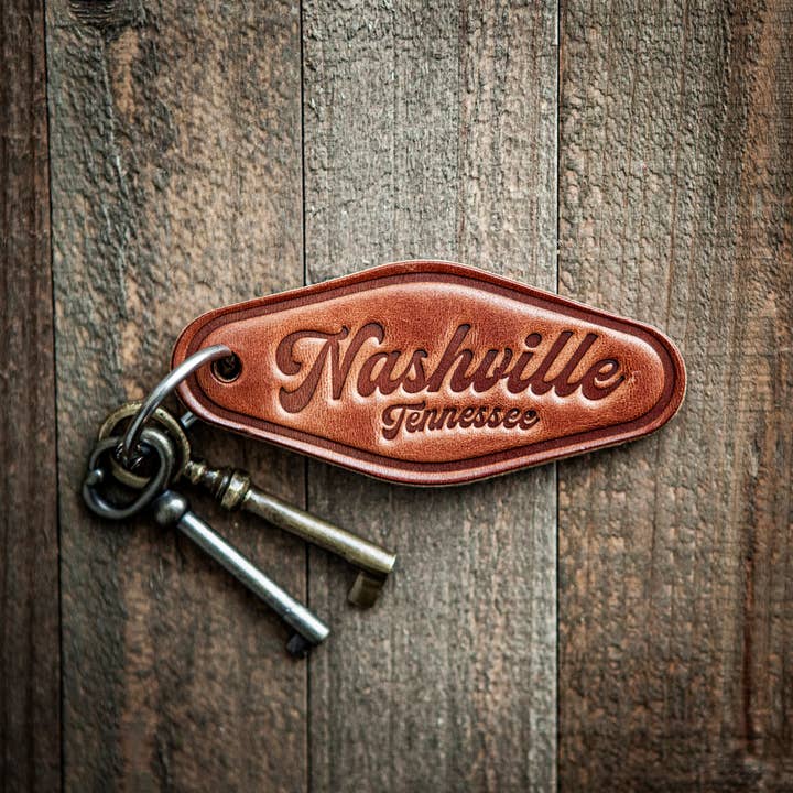Nashville Tennessee Script Keychain Motel Style for wholesale by Sugarhouse Leather