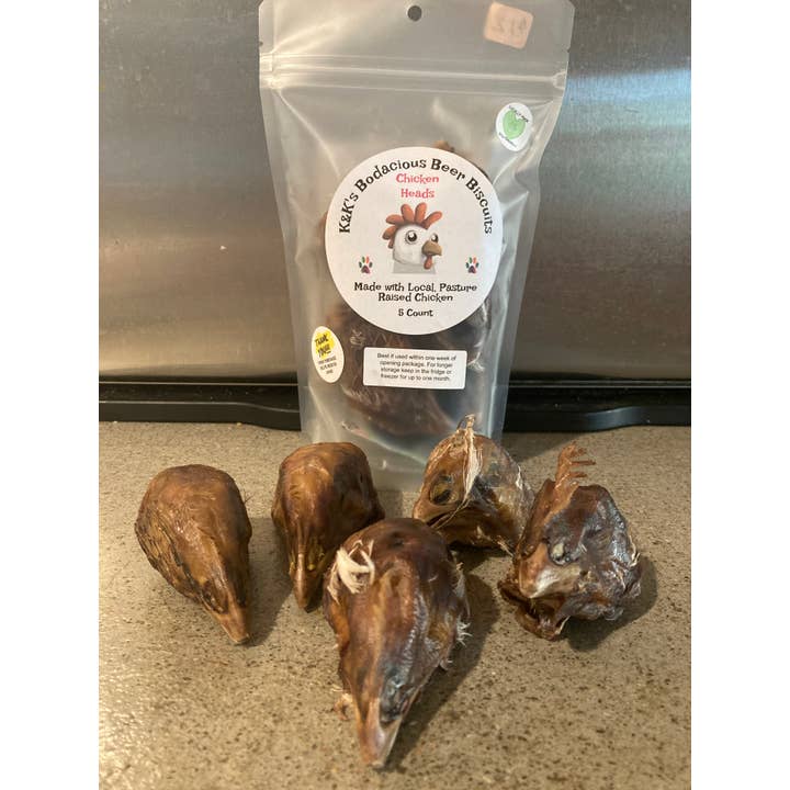 Pasture Raised Chicken Heads for wholesale by K&K's Bodacious Beer Biscuits