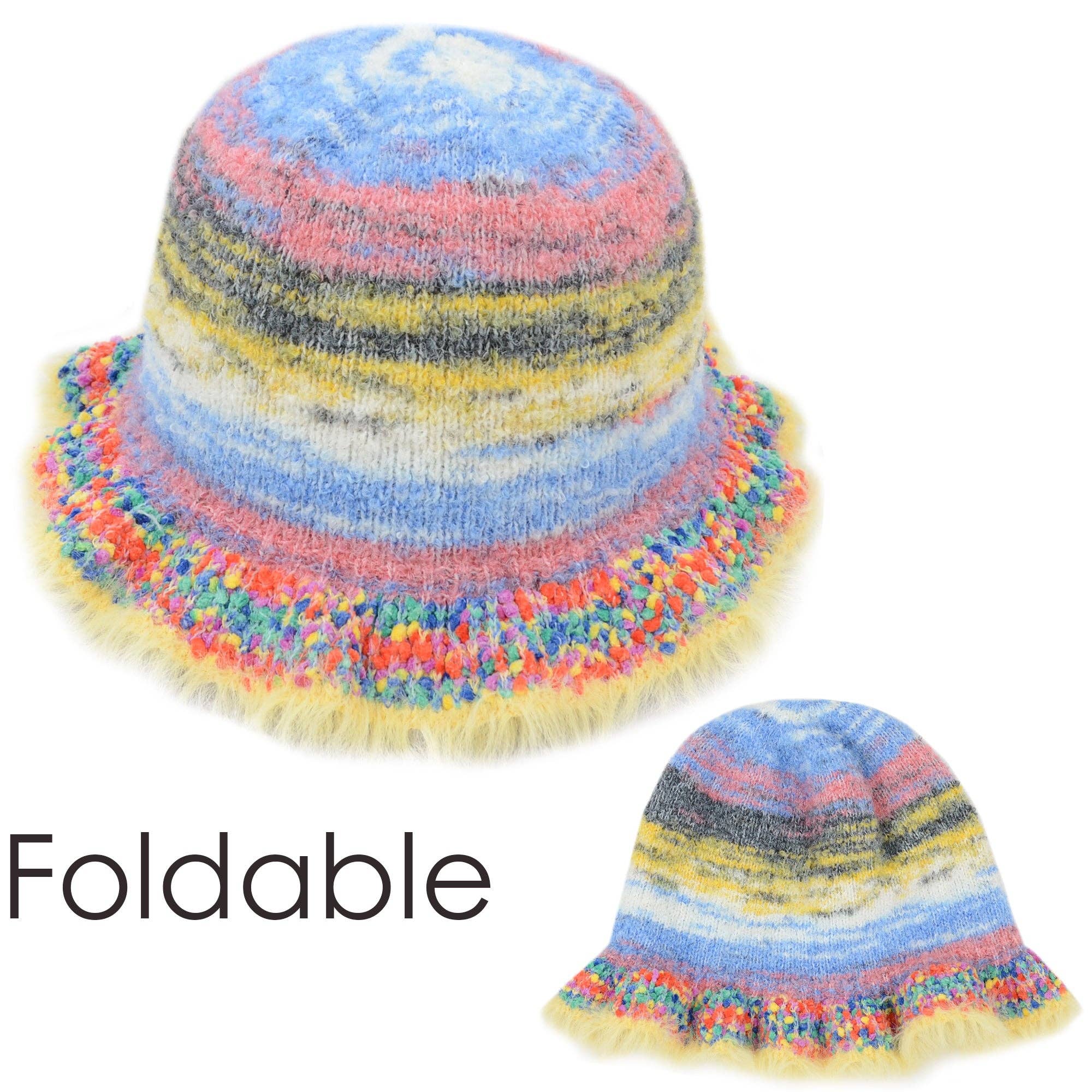 AK Brand – wholesale Bucket hat – Women's – Colorful Striped Knit Bucket Hat Fluffy Winter Fisherman Hat16