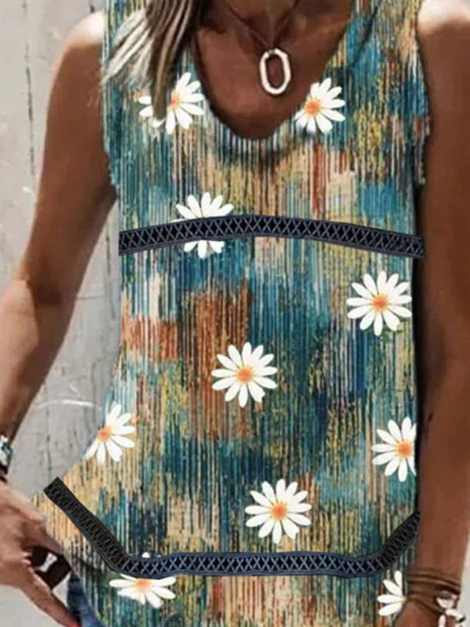 UNISHE - Wholesale Tank Top - Women's - Printed V Neck Lace Splicing Tank Top ZZKF8906