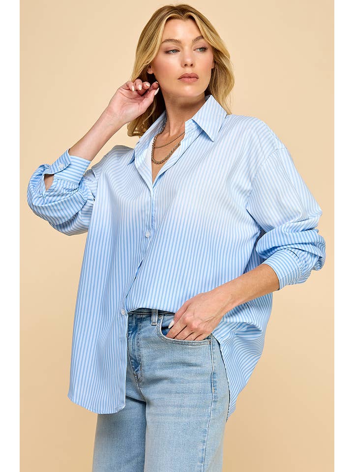 Classic Blue Stripe Oversized Button-Up Shirt for wholesale on Faire8